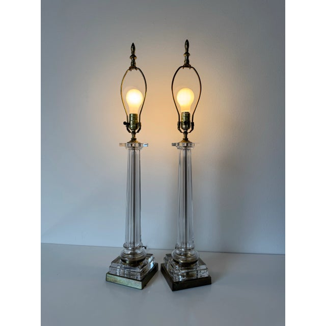 1980’s Chapman Neoclassical-Style Column Glass and Brass Table Lamps – A Pair For Sale - Image 4 of 9