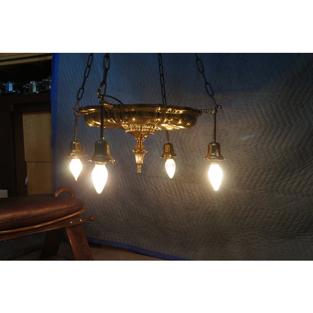 Metal Antique Victorian Brass 4 Light Parlor Drop Pendant Light Chandelier 43" For Sale - Image 7 of 11
