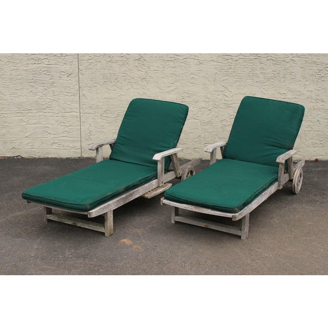 High Quality Pair of Teak Frame Chaise Lounges, Each with Adjustable Backrest and Retractable Side Table