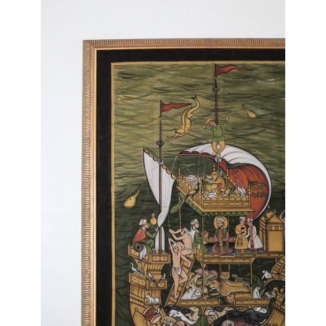 1980s Original Hand-Painted Silk Art - Noah’s Ark Religious Illustration- Large Vintage Gold-Framed Maritime Scene For Sale - Image 5 of 12