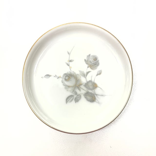 Mid-Century Modern Tiny 3.75” Dia. Delicate Grey & Gold Embellished Porcelain Amuse Bouche Plates - Set of 8 For Sale - Image 3 of 6
