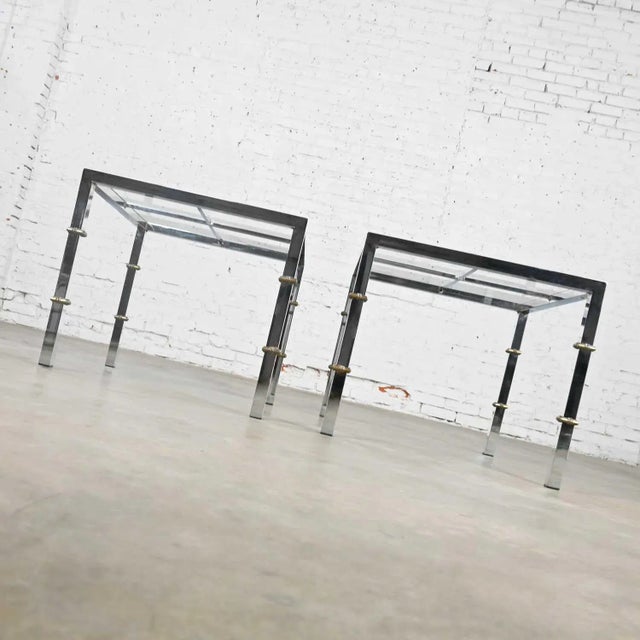 Hollywood Regency Chrome & Glass Square End Tables Brass Details a Pair Style of Maison Jansen For Sale - Image 6 of 13