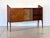 1950s wooden bar cabinet, sliding door, small glass shelf inside and brass profiles, restored