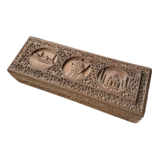 Antique Early 20th Century India Sandalwood Taj Mahal Carved Box With Lock For Sale