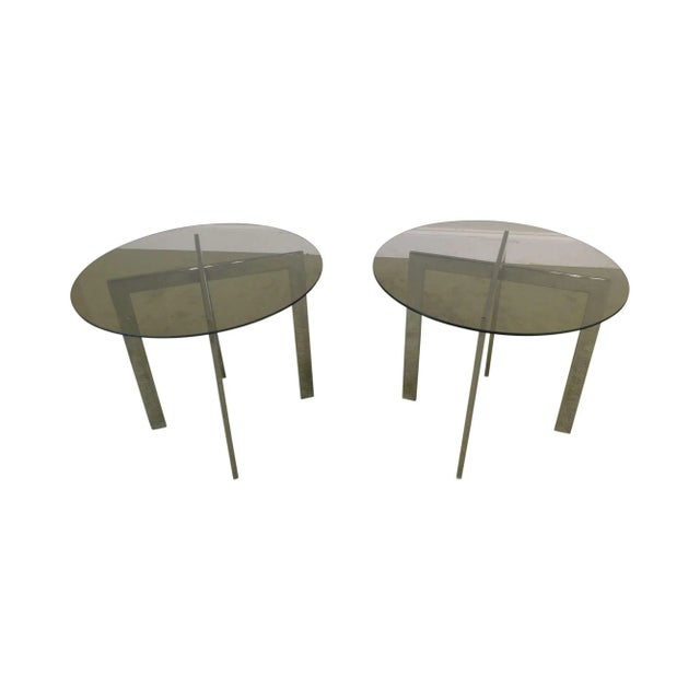 Milo Baughman Style Mid-Century Chrome Base Round Smoked Glass Side Tables - a Pair For Sale - Image 13 of 13