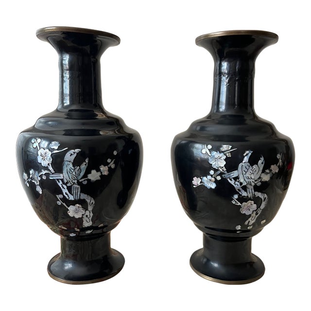 Pair of Vintage 9" Korean Black Enamel Brass Vases, Mother of Pearl Inlay For Sale