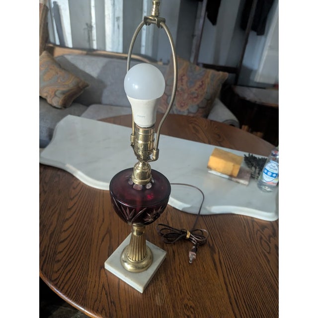 Metal Vintage Ruby Cut-to-Clear Glass Table Lamp on Brass & Marble Base For Sale - Image 7 of 7