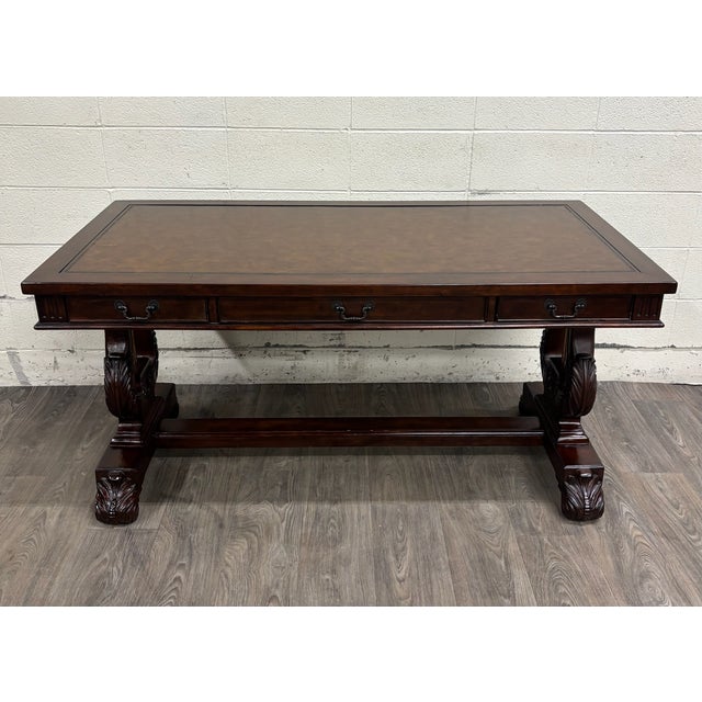 Traditional Vintage Empire Style Lyre Side Leather Top Writing Executive Library Desk For Sale - Image 3 of 15