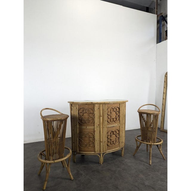 Bamboo and Rattan Counter and Stools Set, Set of 3 For Sale - Image 6 of 11