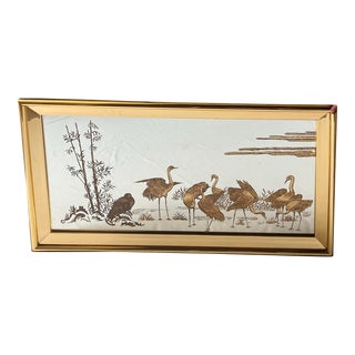 Vintage Hollywood Regency Chinoiserie Gold Etched Wall Mirror With Cranes For Sale
