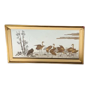 Vintage Hollywood Regency Chinoiserie Gold Etched Wall Mirror With Cranes