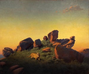 Shadow's Edge by Diego Glazer | Oil on Canvas Mountain landscape with a lion at sunset.