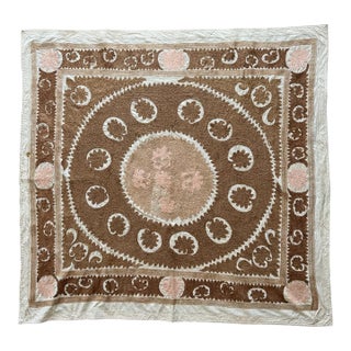 Suzani Wall Tapestry - Neutral Tan Uzbek Tablecloth 5' X 5'1'' For Sale