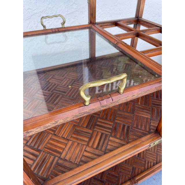 1960s Vintage Korean Campaign Style Bar Cart With Brass Mounts & Parquet Shelves Georgian Furnishing Co. For Sale - Image 5 of 10