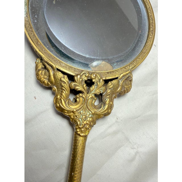 Bronze Large Antique 19th Century Gilt Bronze Petit Point Embroidery Vanity Hand Mirror For Sale - Image 8 of 14