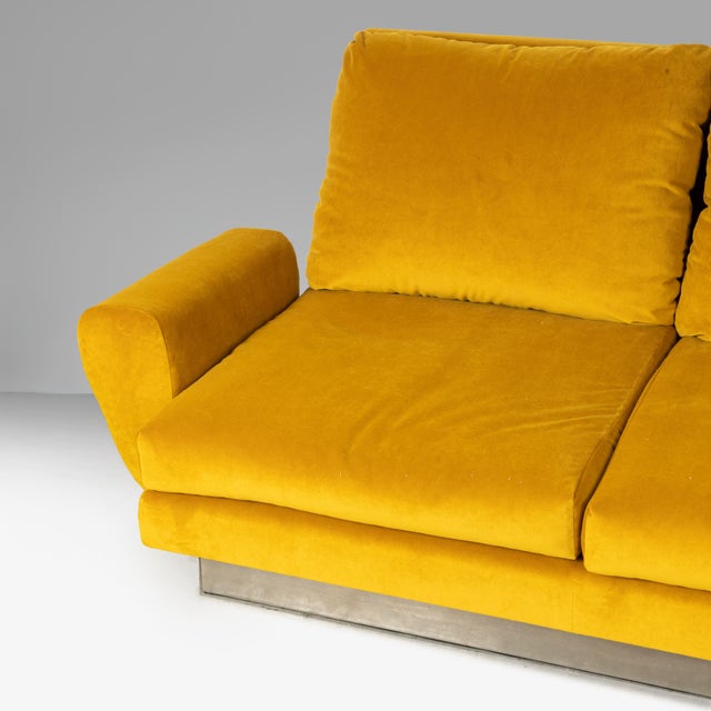 Three-Seater Sofa and Poufs in Yellow Velvet1970, Set of 3 For Sale - Image 4 of 12