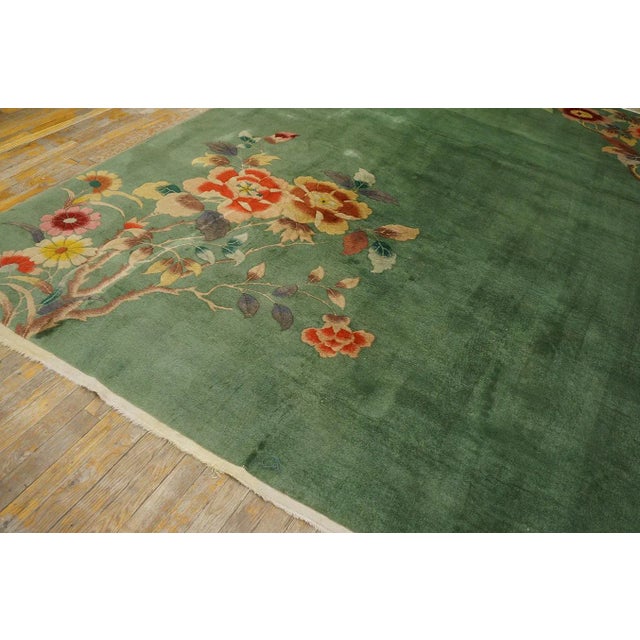 1930s Green Open Floral Antique Chinese Art Deco Carpet 8' 7" X 11' 4" Knotted Pile Wool Rug For Sale In New York - Image 6 of 12