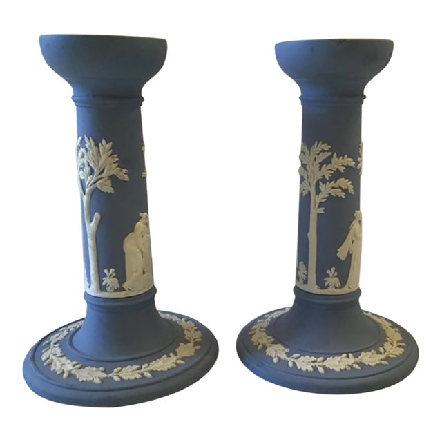 Vintage MCM Wedgwood Jasperware Blue Etruscan Design 7" CANDLESTICKS~set of 2 For Sale