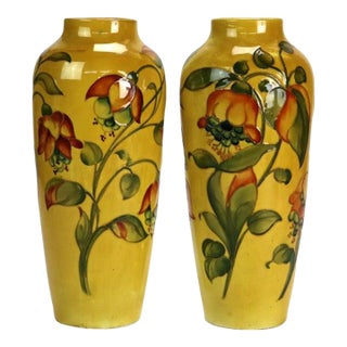 Pair Antique Moorcroft High Glaze Floral Pottery Vase (Drilled for Lamp Bases) For Sale