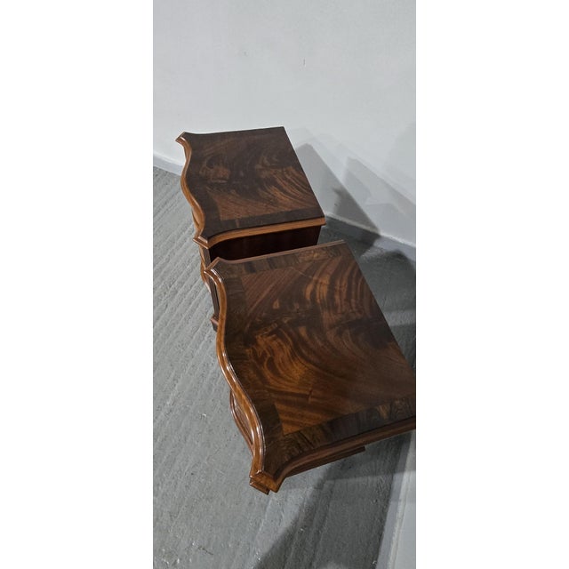 Wood Serpentine Mahogany Bedside Lamp Chests of Drawers, 1920, Set of 2 For Sale - Image 7 of 11