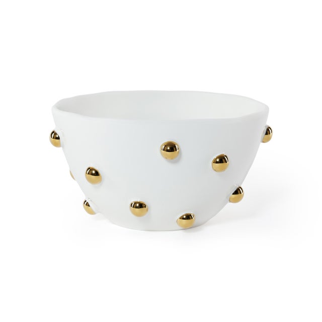 Celestial White Porcelain Bowl with Gold Beaded Accents, Large For Sale - Image 4 of 4