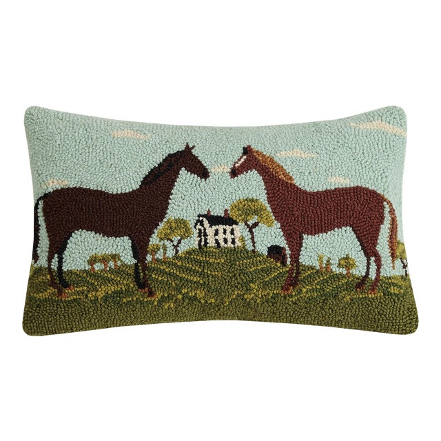 Black Horse & Brown Horse Hook Pillow, 12" x 20" For Sale