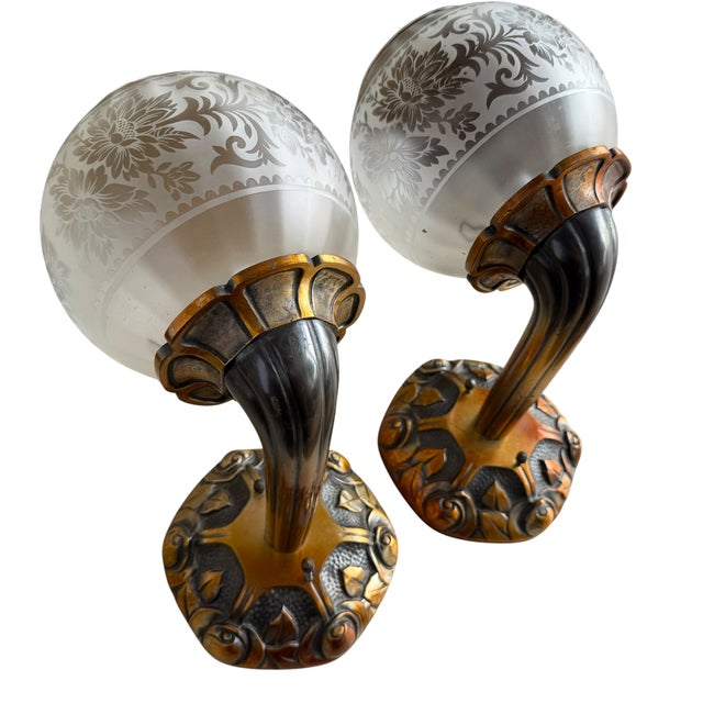 Lights Pair of Antique Art Deco Silver on Bronze Wall Light Sconces For Sale - Image 7 of 7