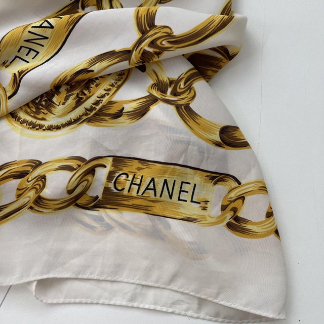 Textile Chanel White Printed 100% Silk Scarf For Sale - Image 7 of 8