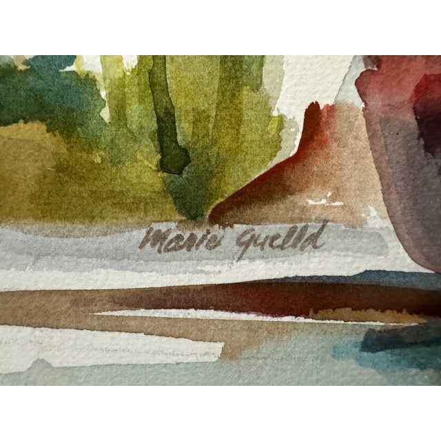 Marie Guella Signed Original Watercolor Painting Lighthouse Harbor Nautical Scene For Sale - Image 4 of 8