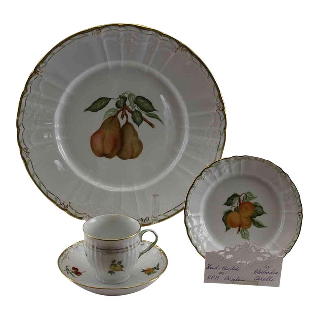 1990’s Vintage/New KPM Hand-Painted 4-Piece Place-Setting Gold Rim With Fruit Decoration For Sale
