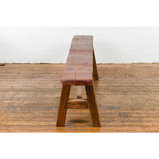 Rustic Long A-Frame Wooden Bench with Cross Stretcher and Splaying Legs For Sale - Image 12 of 12