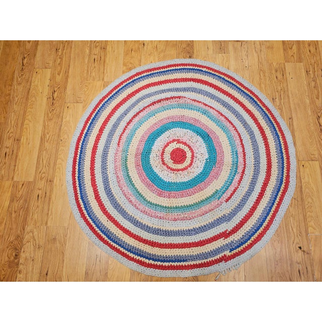 American Antique American Braided Round Rug, Handwoven Folk Art, Red & Blue, 4x4 For Sale - Image 3 of 8