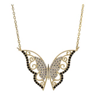 New Beginning Gold & Black Diamond Butterfly Pendant Necklace For Sale