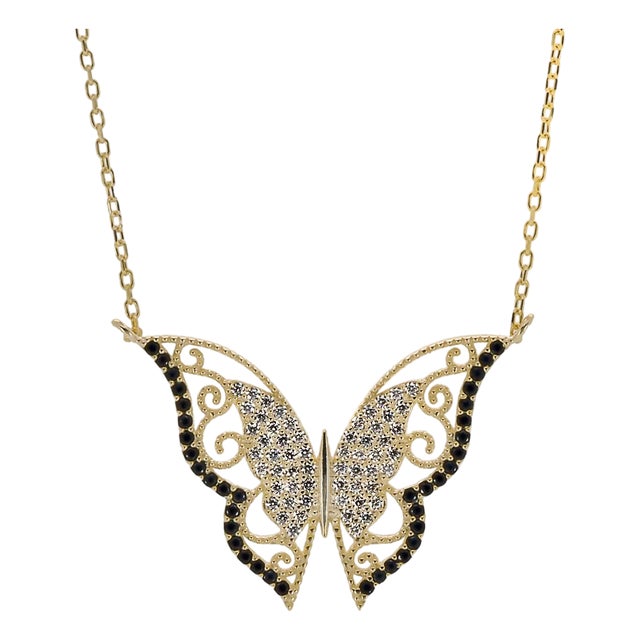 New Beginning Gold & Black Diamond Butterfly Pendant Necklace For Sale