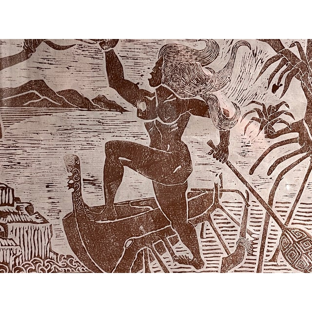 Wood Vintage Pacific Islander Canoe Woodcut Print Framed 23.5x19.25 For Sale - Image 7 of 8