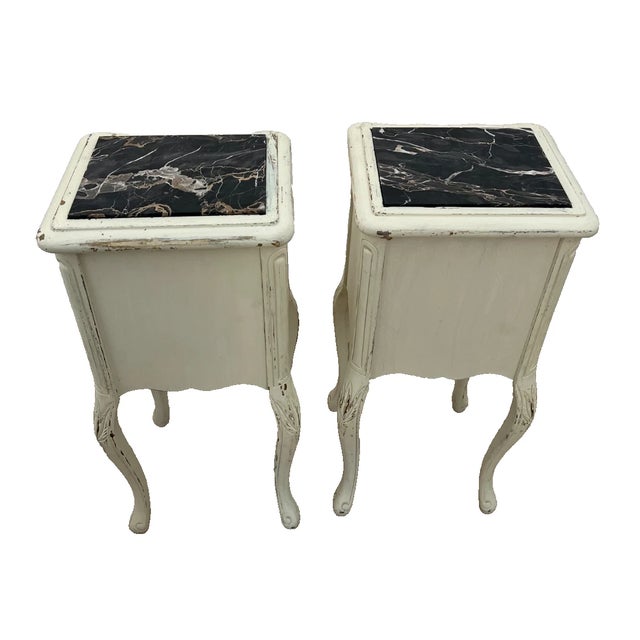Early 20th Century Early 20th Century French Nightstands Bedside Chests Marble Top Shabby Chic Distressed Petite Size For Sale - Image 5 of 11