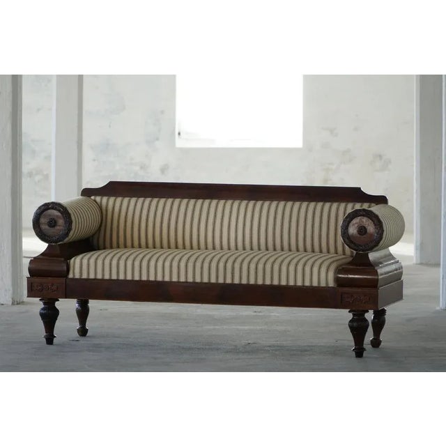 Wood Antique Danish Empire Sofa with Detailed Woodwork and Striped Fabric, 19th Century For Sale - Image 7 of 17