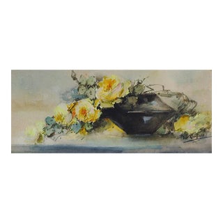 Early 20th Century Yellow Rose Still Life Watercolor Painting For Sale