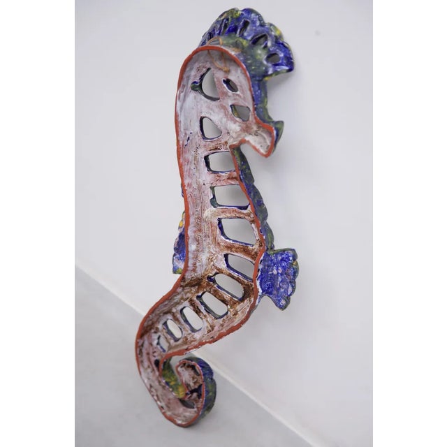 Vintage Blue Glazed Seahorse Wall Sculpture, 1970s For Sale - Image 9 of 10