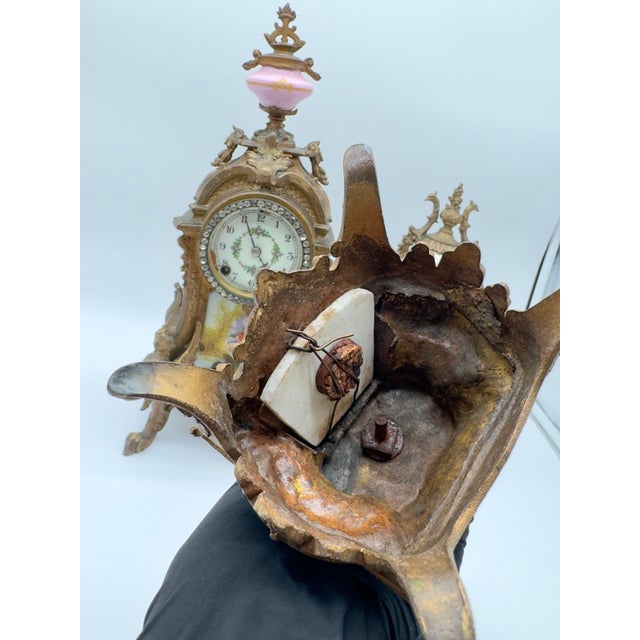 Antique New Haven Mantle Clock, French Porcelain Egg Urn Set For Sale - Image 9 of 10