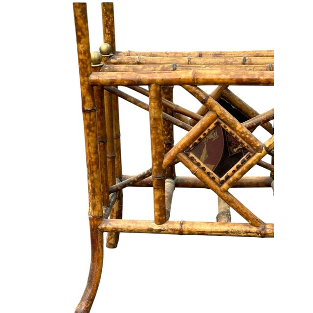 Early 20th Century Vintage Scorched Bamboo Glass Top Side Table With Brass Ball and Hand-Painted Details For Sale - Image 5 of 11