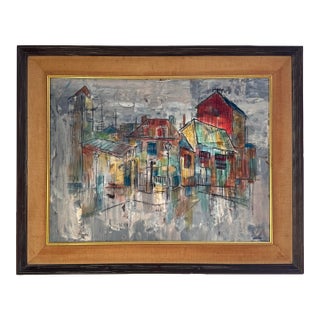 Large MCM Cityscape Oil Painting Impressionist Street Scene Framed Colorful European Style Vintage For Sale