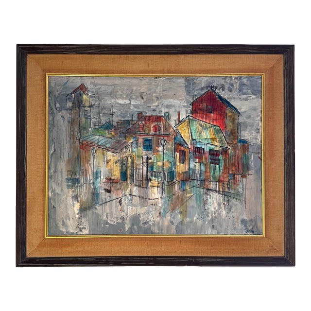 Large Oil Painting Impressionist Cityscape Street Scene Framed Colorful European Style Vintage For Sale