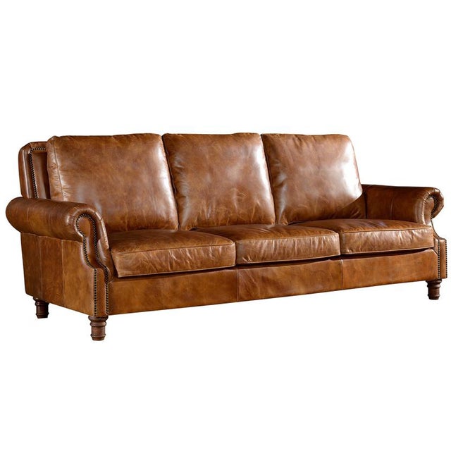 English Rolled Arm Sofa - Light Brown Leather For Sale - Image 10 of 10