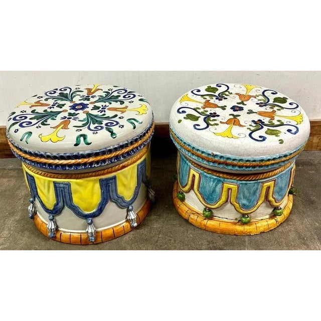 White Majolica Italian Ceramic Terracotta Hand Painted Hollywood Regency Stool For Sale - Image 8 of 10
