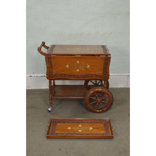 Indian Teak Wood Brass Marquetry Inlaid Serving Tea Cart Chairish