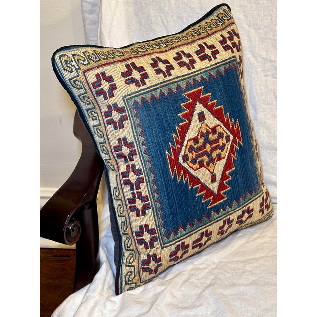 Navy Blue Handwoven Kilim Textile Accent Pillow – Geometric Tribal Design, Down Insert For Sale - Image 8 of 10