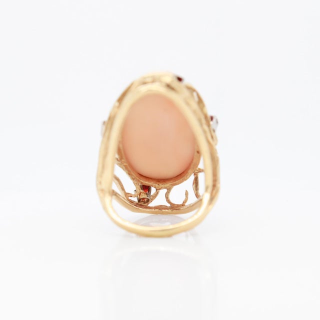 Metal Large 1970s Sculptural 14k Gold, Coral, & Garnet Gemstone Cocktail Ring For Sale - Image 7 of 13