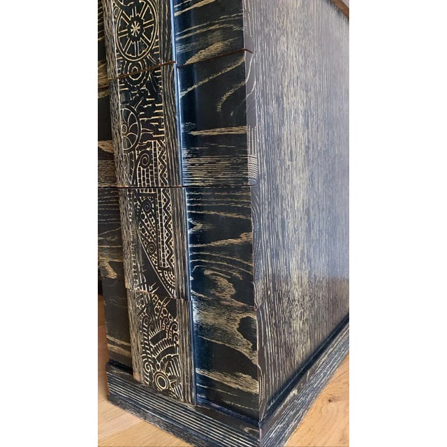 Bauhaus 1940s Mid Century Vintage Bauhaus Arts + Crafts Black Cerused Oak With Stylized Botanical Hand Carved Pillar and Pulls For Sale - Image 3 of 12
