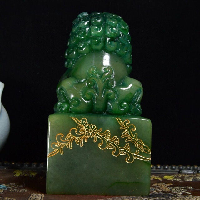 Metal Shoushan Stone Guardian Lion Seal – 6" Foo Dog Stamp With Gilt Calligraphy & Red Seal Paste For Sale - Image 7 of 9